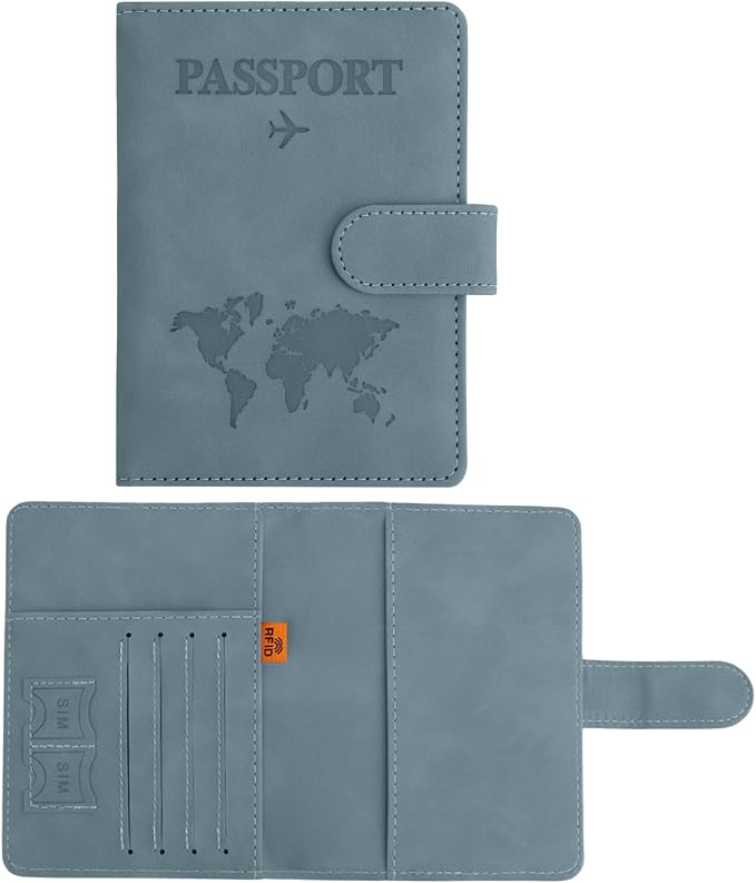 Passport Holder for Travel Essentials, Light Blue Leather Passport Cover, Passport Wallet Holders for Women Men Family Travel Gifts Must Have Accessories, Credit Card Cash Air Ticket Storage Supplies