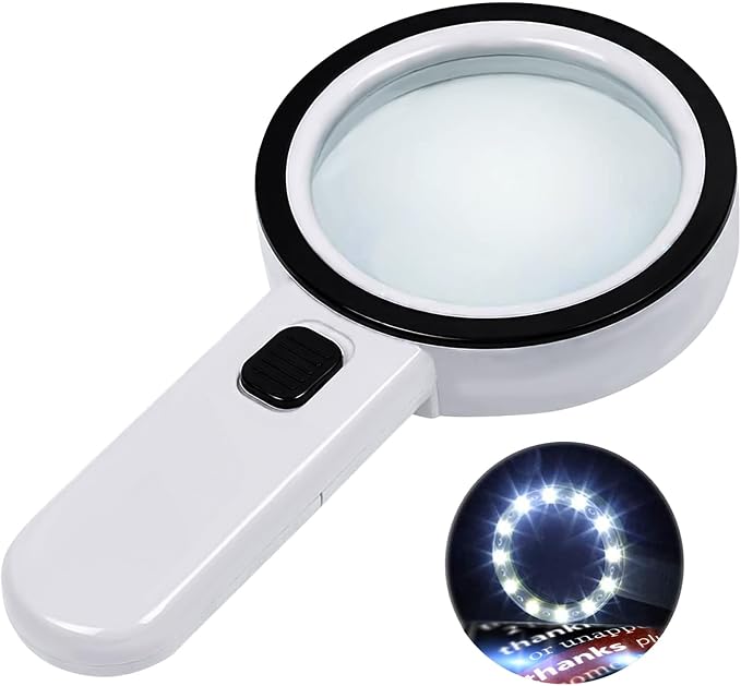 Nazano Magnifying Glass with 12 LED Lights for Senior Reading, 10X | Ultra-clear Handheld Reading Magnifier for Seniors, Macular Degeneration, Close Work, Coins & Pill Bottles