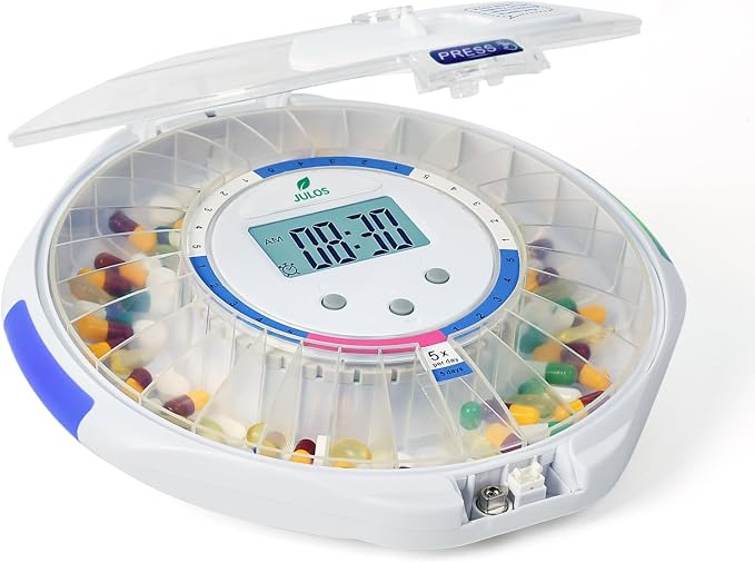 JULOS 28-Day Automatic Pill Dispenser for Elderly with Alarm, Frosted Lid | Sound/Light Alerts, up to 6 Alarms/Day, Easy-Read LCD Display, Safety Locked Pill Dispenser for Seniors/Dementia