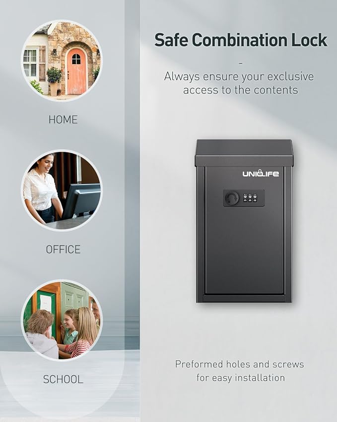 Uniclife Cash Box with Combination Lock, Wall Mounted Mailbox for Outside | Black Code Lock Box, Metal Donation Box with Top Slot, Suggestion Box for Office and Business