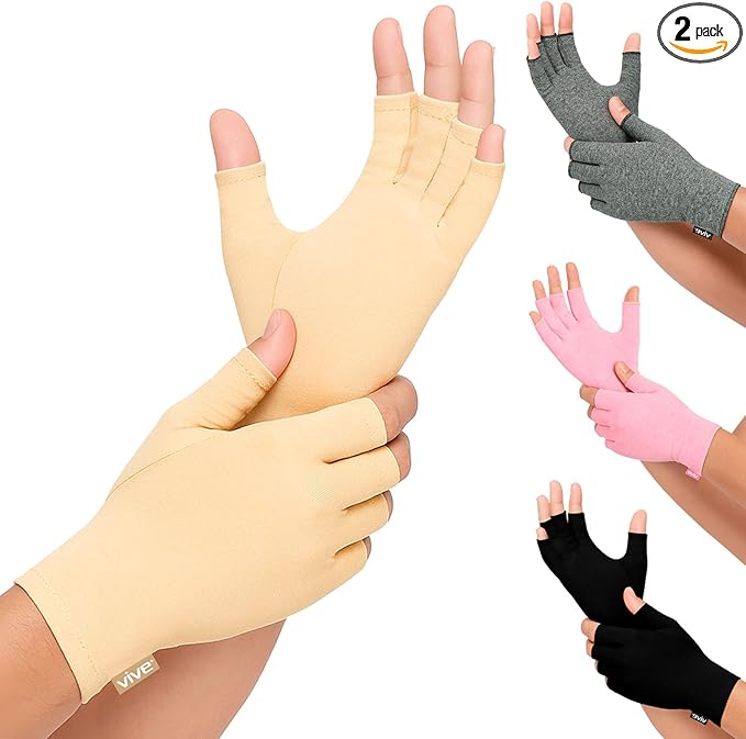 Vive Compression Arthritis Gloves - Comfortable Fit for Men and Women - Open Finger for Rheumatoid, Osteoarthritis, Carpal Tunnel and Computer Typing Pain Relief - Hand and Wrist (X-Small)