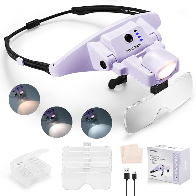 YOCTOSUN Magnifying Glass with Light, 1.0X–4.0X Headband Magnifier | Detachable 6 Lenses,3 Light Colors, Rechargeable Hands-Free Head Magnifying Visor for Close Work, Crafts, Sewing, Jewelry