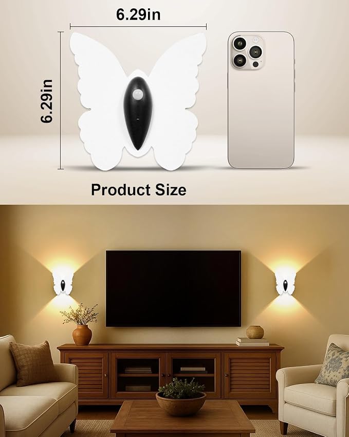 Eneru Motion Sensor Wall Sconce Set of 2, Rechargeable Wall Lights, Indoor | 5000mAh Battery Operated Wall Sconces, Motion Activated, Magnetic Butterfly Night Light for Hallway Stair Closet Pantry,White