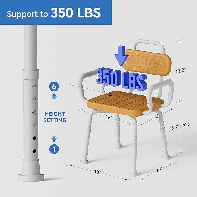 360° Swivel Shower Chair with Removable Arms, Adjustable Height Rotating Shower Chair for Inside Shower for Seniors and Disabled，Tool-Free 3-Min Assembly，Brown