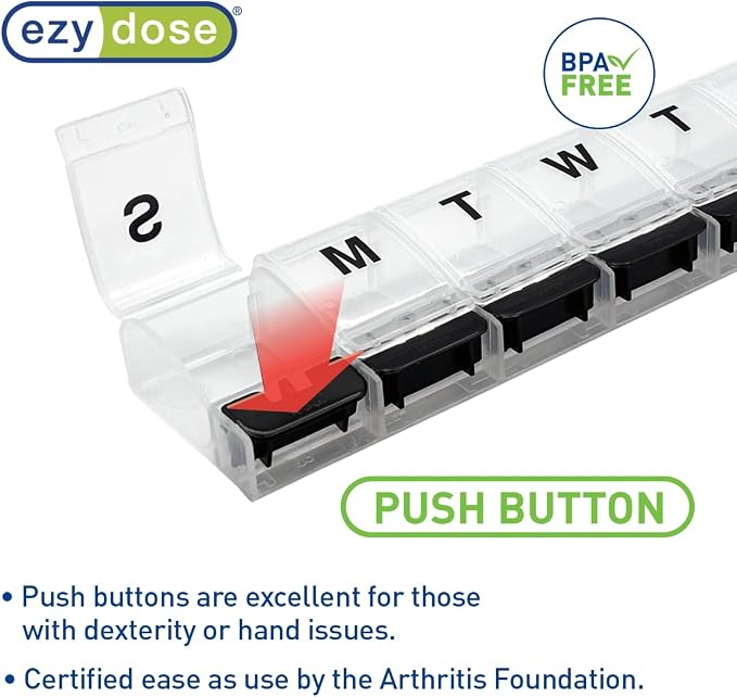 EZY DOSE Weekly (7-Day) AM/PM Daily Pill Organizer, Vitamin Case, and Medicine Container, X-Large Compartments, Arthritis Friendly, Convenient with Effortless Portability, Clear/Black Lids, BPA Free