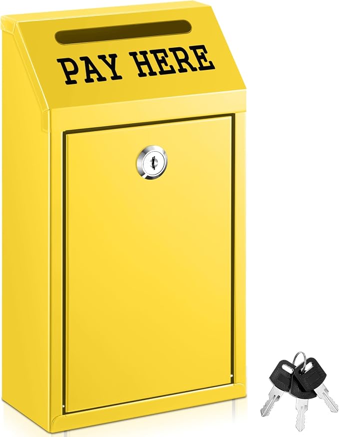 Yaocom Safe Metal Cash Box for Farm Stand – Money Drop and Secure Donation Collection, Wall Mount Lockable Unit with Pre Drilled Holes for Outdoor Self Serve(Yellow,10.2 x 5.7 x 2.8 Inch)