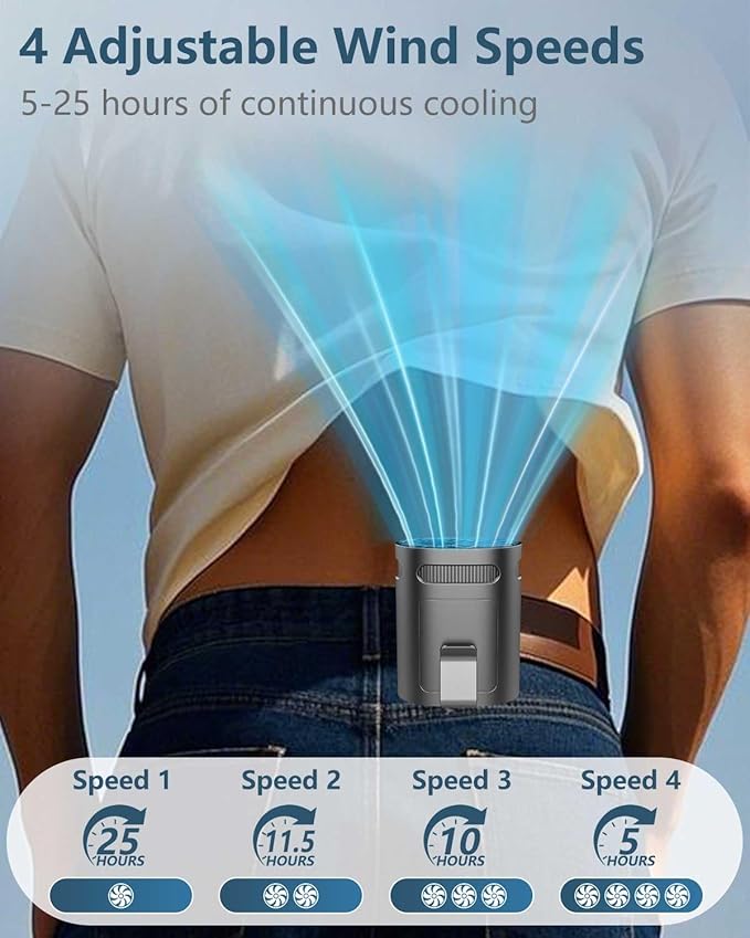 Portable Waist Fan Rechargeable-Mini Small Personal Battery Operated Fan,Hands Free Clip On Fans for Shirt Pants Belt Buckle Loop Pocket,Black Silent Necklace Wear Cooling AC for Adults Child Outdoor