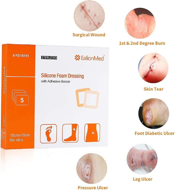 Silicone Foam Dressing with Gentle Adhesive Border 6''x6'' 5 Pack, Painless Removal High Absorbency Waterproof Bed Sore Bandage for Pressure Ulcer, Leg Ulcer, Diabetic Foot Ulcer by EalionMed