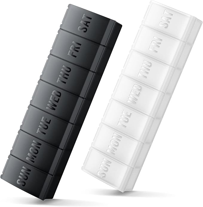 Large Pill Organizer 2 Pack, Easy-Open Weekly Pill Organizer, XL Daily Pill Organizers, 7 Day Medicine Pill Organziers, Medicine Box 7 Day for Large Vitamin Supplements (Black + White)