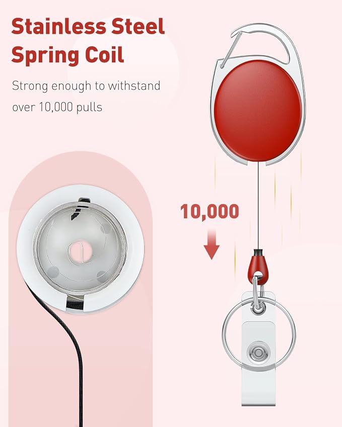 Uniclife 2 Pack Retractable Keychain, Retractable Badge Reel, Heavy Duty Badge Holder Clip for Keys and ID Card, Key Chain Extender with Carabiner Belt Clip and Key Ring, Red