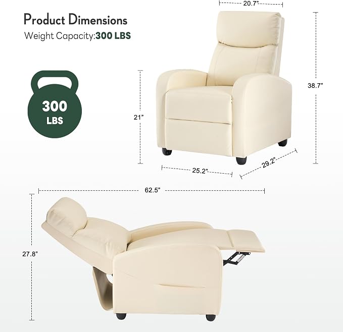 Recliner Chair, Recliner Sofa Fabric for Adults, Recliners Home Theater Seating with Lumbar Support, Reclining Sofa Chair for Living Room, Beige