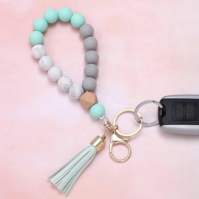 BAOSIWA Silicone Key Ring Bracelet Wristlet Keychain Unique Beaded Bangle Key Chains for Women with Leather Tassel