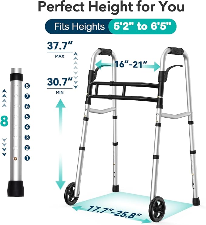 HOMENURSE Narrow Walkers for Seniors, Folding Walker with Skis and 5" Wheels for Small Spaces, Adjustable Width & Height, Aluminum Lightweight Standard Rolling Walker, Support Up to 350lbs, Silver