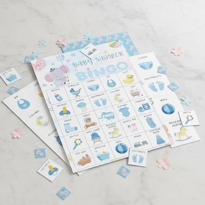 Baby Shower Bingo Game Cards Set for Guests Adults, Blue Elephant Baby Shower Party Bingo Game Gender Reveal Bingo Game for Family Friends Large Group Activity, Favors Supplies Decorations