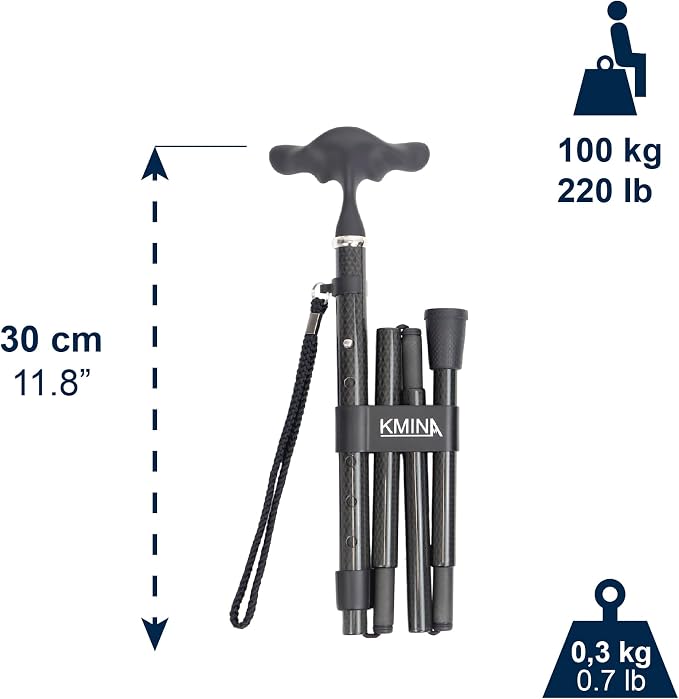 KMINA Folding Cane for Men and Women (Carbon Fiber), Soft Grip, Adjustable Height, Lightweight, Black, PRO Model