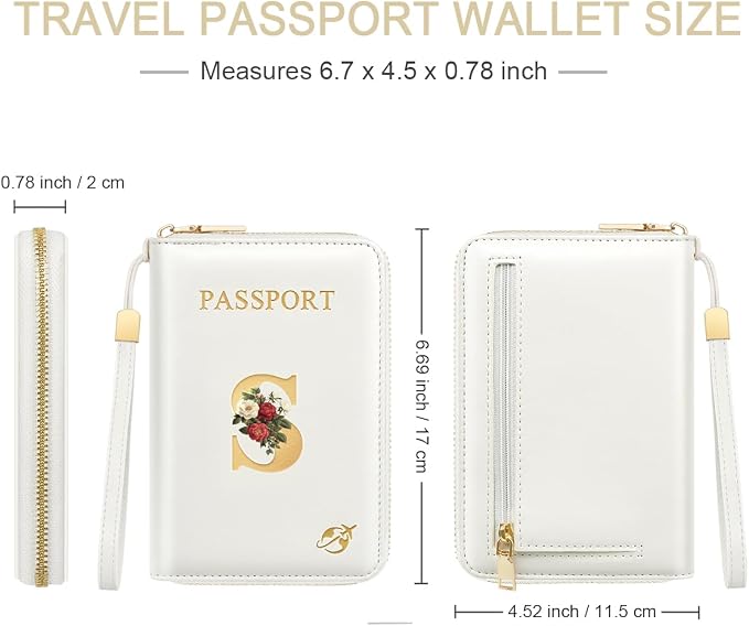 Passport Holder for Travel Personalized Wallet with Wristlet Women | All-in-One Passport Cover, RFID Blocking, Back Coin Pocket, Paper Money Slot, Zipper Closure, Roses Initial Letter, White S