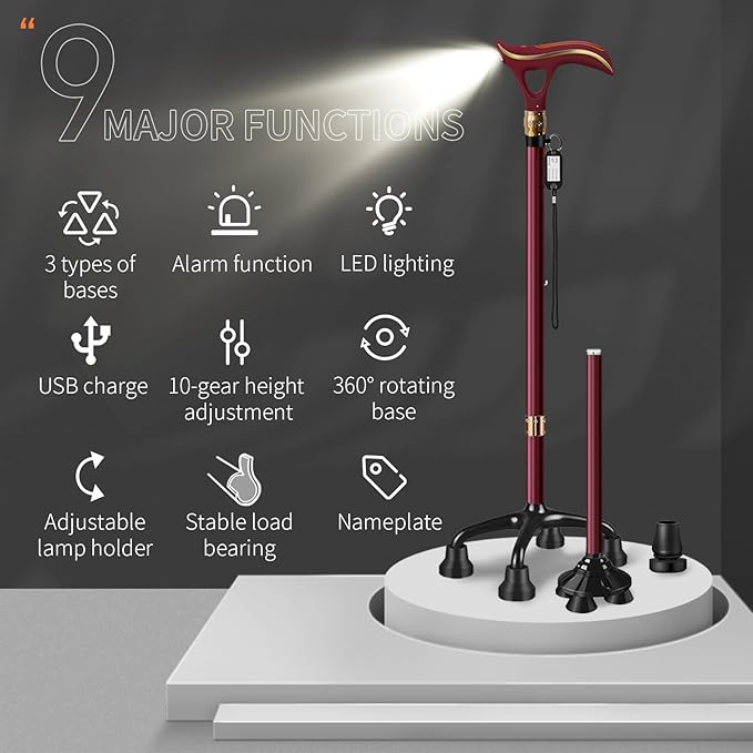 Smart Alarm Walking Cane for Men & Women, Telescopic and Adjustable Walking Sticks for Seniors, USB Direct Charge, with LED Light, One Cane for Three Purposes, Light and Stable