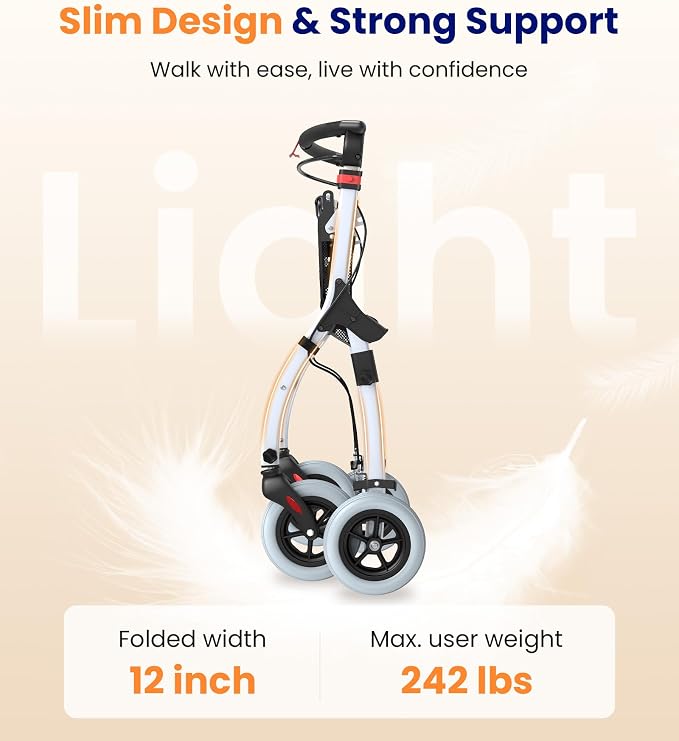 VOCIC Z32 Narrow Walkers for Small Spaces, 8" Quiet Anti-Slip Tires, Tray | Foldable & Lightweight Indoor Rollator Navigates Small Spaces, Easily Passes Tight Doors, Tray & Pouch for Home, WT