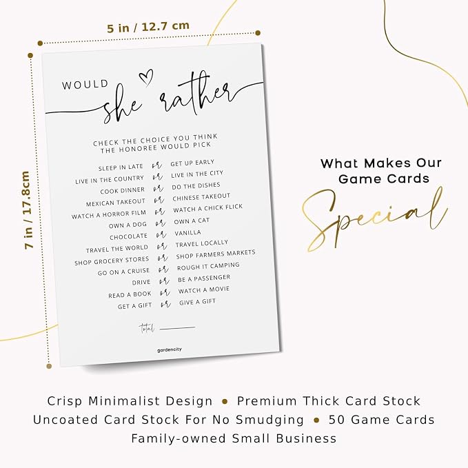 50 Would She Rather Bridal Shower Game Cards, Baby Shower Games, 50 Guests, Minimalist White