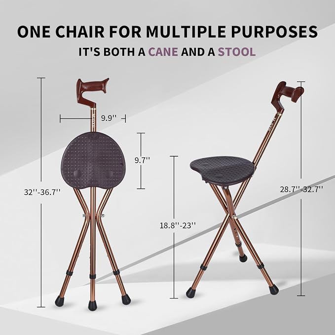 Alloy Folding Cane with Seat, Lightweight Walking Stick Cane with Seat 400lbs Capacity,Adjustable Height (32"-36") & Seat (18"-23"),Portable Cane Seat Chair with Anti-Slip Support for Adults Seniors