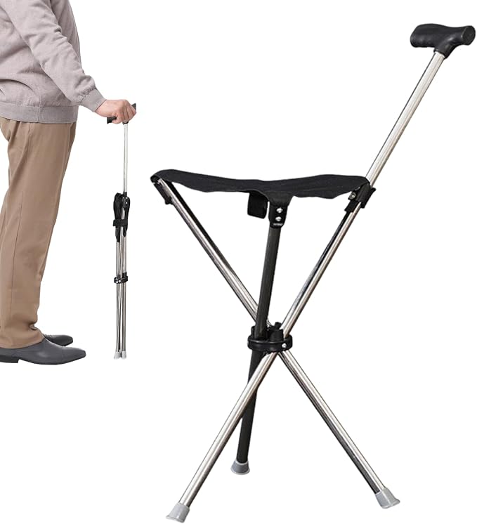 Walking Cane with Seat for Seniors, Heavy Duty Folding Walking Stick Seat, Travel Accessories Non-Slip Mobility Aids, Portable Walkings Stool for Outdoor, Travel, Queue Waiting, Hiking & Shopping