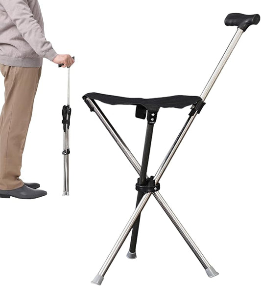 Walking Cane with Seat for Seniors, Heavy Duty Folding Walking Stick Seat, Travel Accessories Non-Slip Mobility Aids, Portable Walkings Stool for Outdoor, Travel, Queue Waiting, Hiking & Shopping