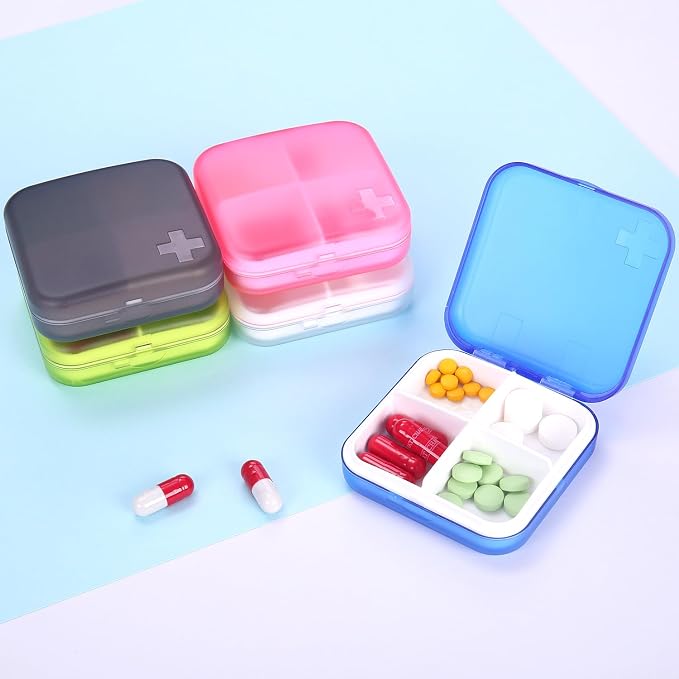 Portable Pill Organizer - Slim Pill Box for Purse or Travel, Compact Pill Case(4 Compartment,Gray)