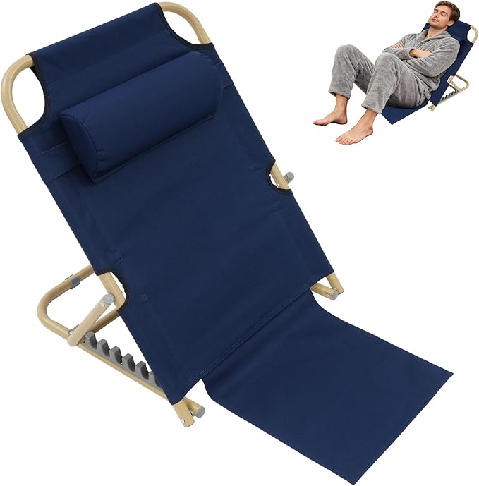 PERFERATE Bed Backrest Support Portable Bed Chair 7 Gears Adjustable Lifting Beds Backrest Folding Reading Chair with Pillow for Elderly Back Neck Lumbar Support, Beach Comfy Travel (Deep Blue)