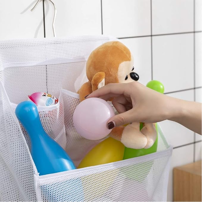 ALYER Hanging Mesh Bath Toy Organizer Bag,Large Shower Storage Caddy with Durable Hanger (White)