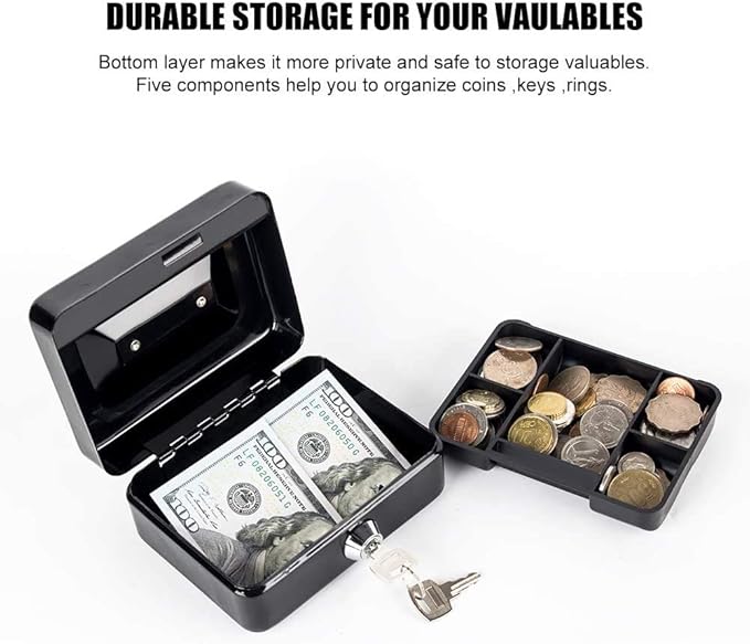 xydled Locking Steel Mini Cash Box with Removable Coin Tray and Key Lock,4.92" x 3.74" x 2.36",Black