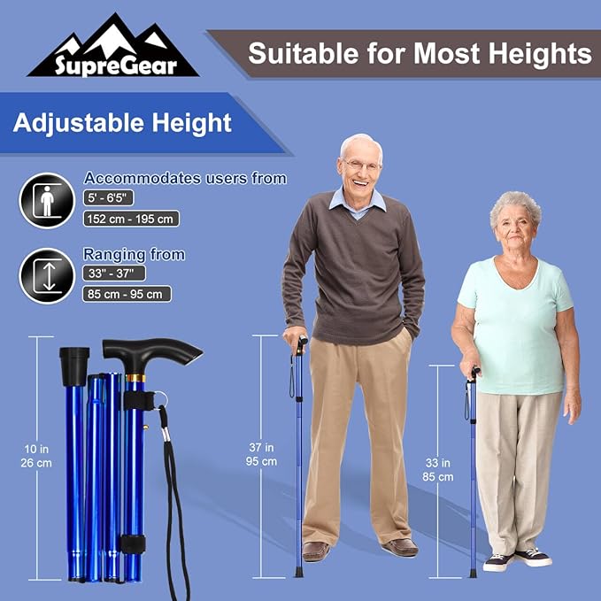 supregear Folding Cane, 5-Level Adjustable Height Walking Stick Lightweight Collapsible Portable Travel Cane with Wrist Strap and T Handle for Elderly Disabled Men Women