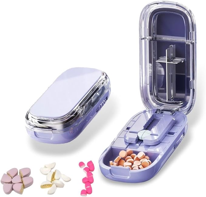 Pill Cutter,Precisely Split Small or Large Pills and Vitamins of Various Shapes with a Safe, Self-Retracting Blade (Purple 1/2，1/4)