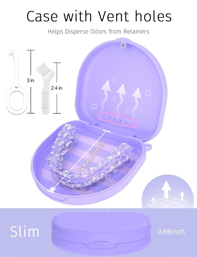 2Pack Retainer Case, Compatible with Invisalign, Slim Aligner Case with Vent Holes, Portable Orthodontic Box with Removal Tool, Brush and Lanyard, Purple