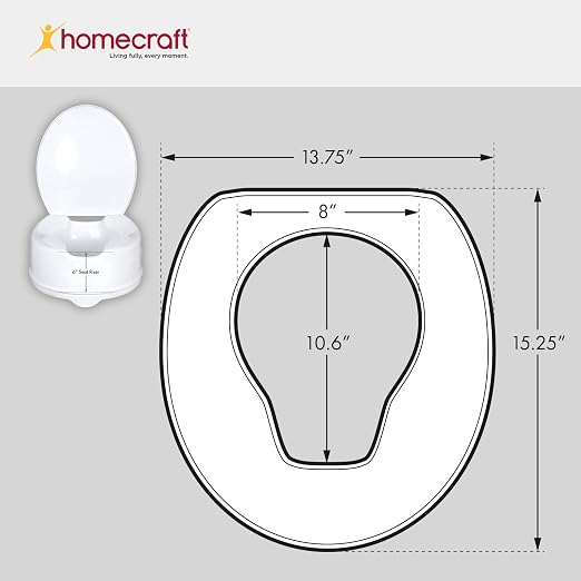 Homecraft Savanah Raised Toilet Seat 6" with Lid, Elongated & Elevated Lock Seat Support for Elderly, Handicapped and Disabled Users, White Colour | 6" raised toilet seat with lid adds seat height for seniors and users with limited mobility.