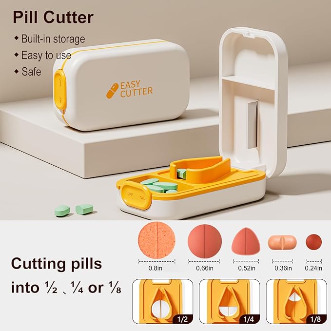 Pill Cutter | Pill Splitter for Small Large Pills | Design in The USA| Cuts Vitamins |- Adjustable Splitter+V-Shape Holder & Detachable Pad, Easy to Clean, Safe for Seniors, Kids, Pets Orange