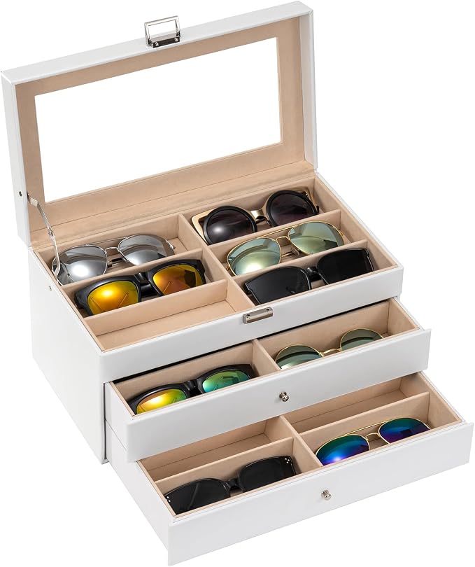 ProCase 3-layer Sunglasses Storage Organizer, 18 Slots Leather Sunglass Box Multiple Pairs Eyeglass Cases Eye Glass Eyewear Display Holder for Men Women, Valentine's Day Gift -White
