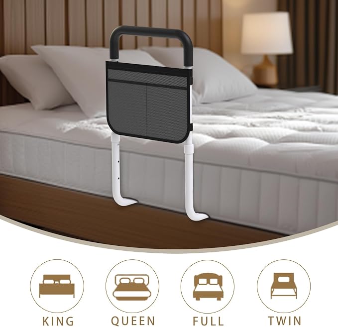 Bed Rails for Elderly Adults Safety, Bed Handle Bedside Assist, Adult Bed Rails for Seniors, Adjustable Bed Bar with Storage Pocket & Fixing Strap, Bed Cane Fits Twin, Queen, Full, King Bed