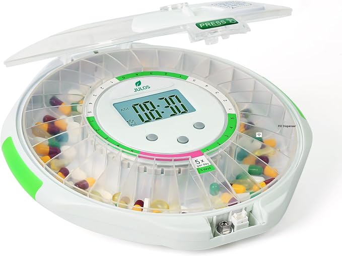 JULOS 28-Day Automatic Pill Dispenser with Audio & Visual Alerts for Elderly, up to 6 Alarms/Day, Easy-Read LCD Display, 9 Dosage Templates, Lock Medicine Dispenser for Medication, Vitamins, Clear Lid