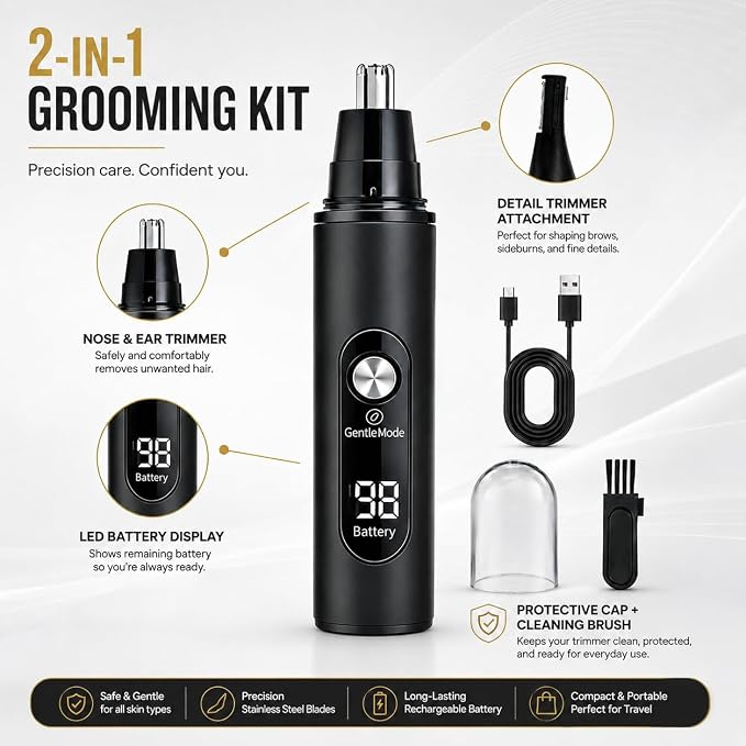 2026 Nose Hair Trimmer for Men and Women Led Display Ipx7, USB Rechargeable Ear Hair Trimmer with Dual-Edge Blades, Two-Speed Adjustment,Double Head Painless Ear & Facial Hair Trimmer(Black