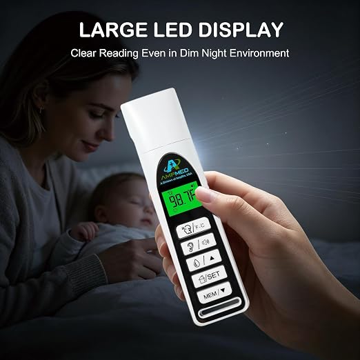 Baby Forehead & Ear Thermometer, Base Stand, 3-in-1, White | Touchless, For Baby, Infants, Toddlers, Kids & Adults, Base Stand & Clock