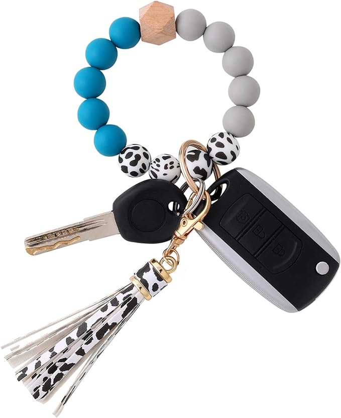 BAOSIWA Silicone Beaded Bracelet Keychain Wristlet Key Ring Bangle Chains for Women with Leather Tassel