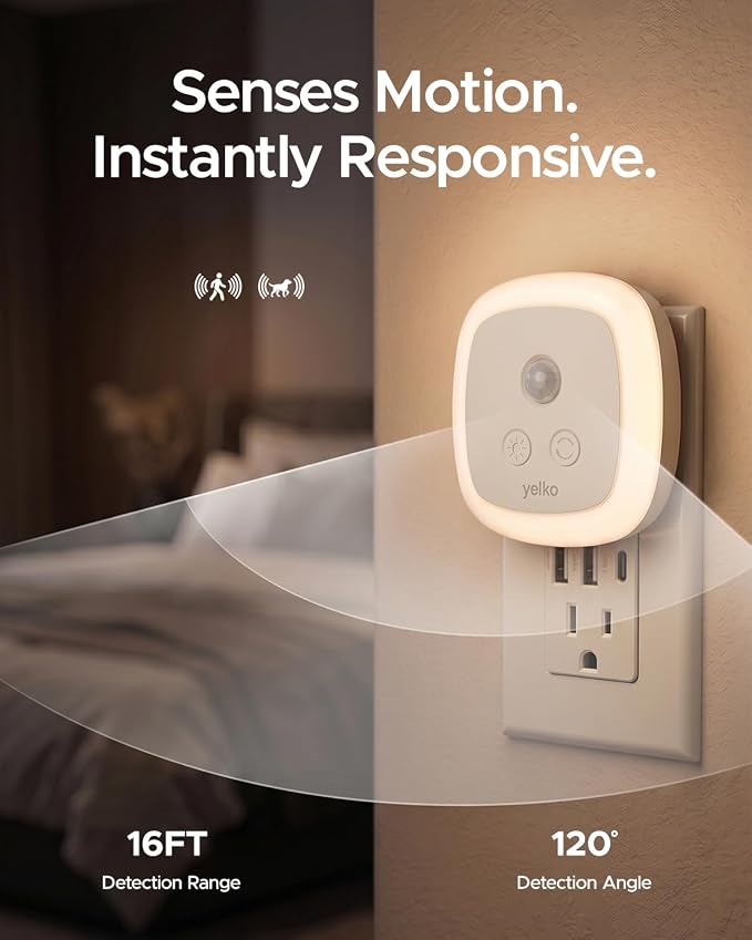 YELKO Motion Sensor Night Light, 5-Level Dimmable with Dusk to Dawn Sensor, Plug in Warm White Anti-Glare LED, Cozy Soft Glow, Adjustable Delay Time for Bathroom, Hallway, Kitchen, Stairs, 2 Pack
