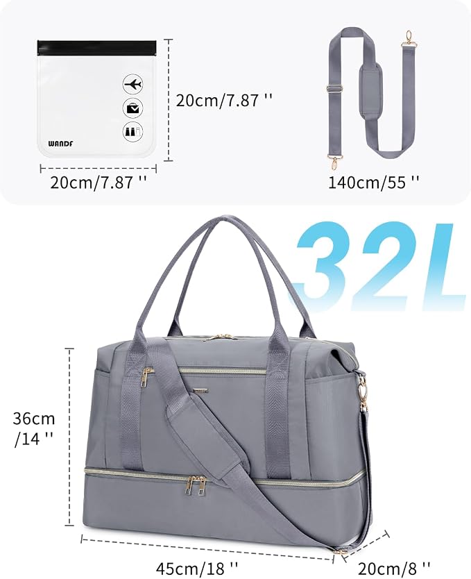 WANDF For Spirit Airlines Personal Item Bag 18x14x8 Underseat with Wet Pocket & Shoe Compartment & Tsa Approved Toiletry Bag