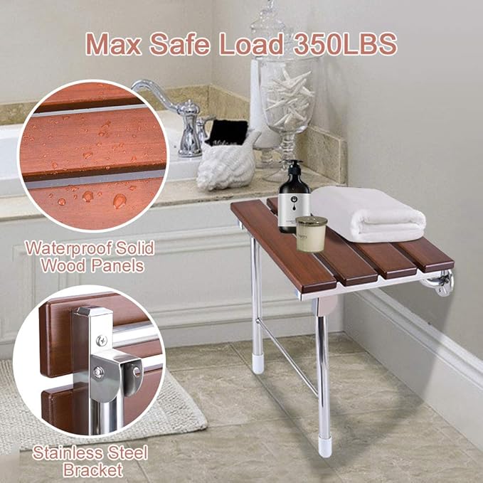 Folding Shower Seat Wall Mounted Bathroom Bathtub Safety Stool Chair, Solid Wood, with Support Legs, Load of 350 lbs, 14.88"(L)*12"(W)*17.12"(H) (Wood)