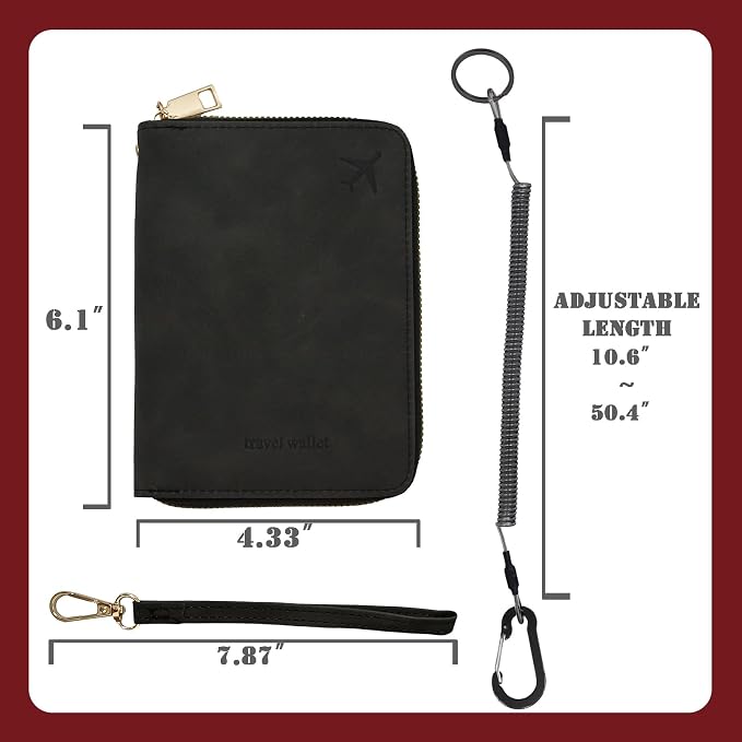 Passport Holder with Tether and Carabiner to Prevent Loss and Theft, Rfid Passport Holder for Travel, Passport Cover, Wallet & Case for Men and Women (Black -Tether and Carabiner)