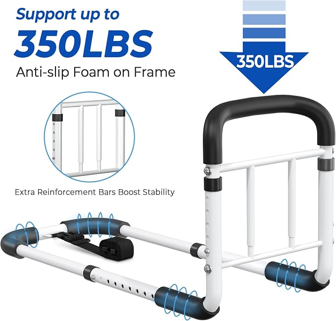 Bed Rails for Elderly Adults - ASTM Approved Adjustable Bed Cane with Non-Slip Ergonomic Handle & Storage Pocket, Bed Railings for Seniors Hold up to 350 LBS, Tool-Free