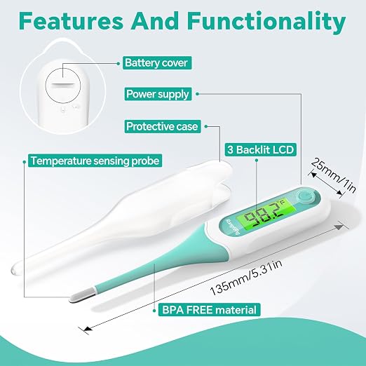 8 Second Digital Oral Thermometer, Fast Reading Thermometer for Adults and Kids with 3 Color Backlit and Fever Alarm for Oral, Rectal, Underarm