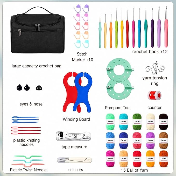 Yarniss Crochet Kits with Yarn,1120 Yards Soft Crochet Skeins, 12 Size Ergonomic Crochet Hooks with Portable Crochet Bag,Black