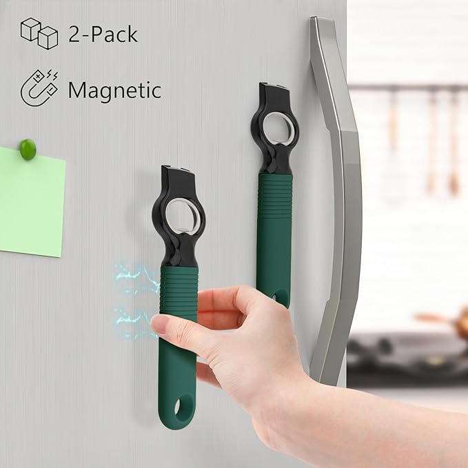 2-Pack Magnetic Beer Bottle Opener & Soda Can Opener, 2-in-1 Bottle Opener and Can Tab Opener Tool for Bartender, Long Nails, Arthritis, Silicone Handle with Build in Magnet - Deep Green