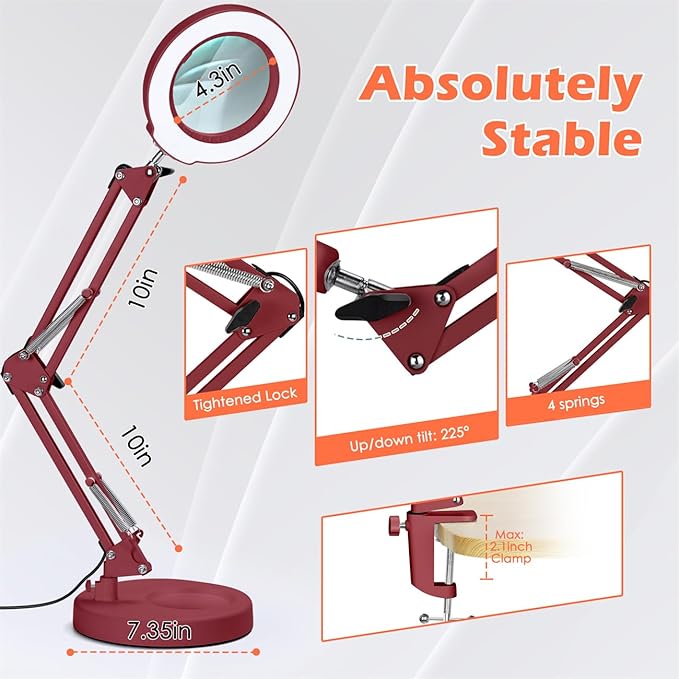 10X Magnifying Glass with Light and Stand, Real Glass Lens Desk Lamp, Lighted Magnifier with Light Stepless Dimming Hands Free for Craft, Reading, Painting, Sewing, Solder - Red